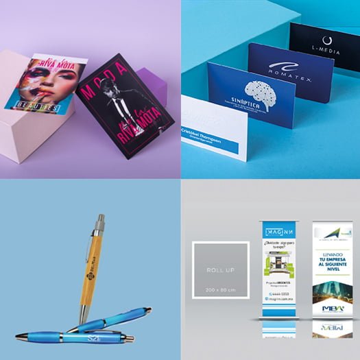 paquete para expo con dos roll up, impresión de fluers, impresión de tarjetas de presentación y plumas personalizada